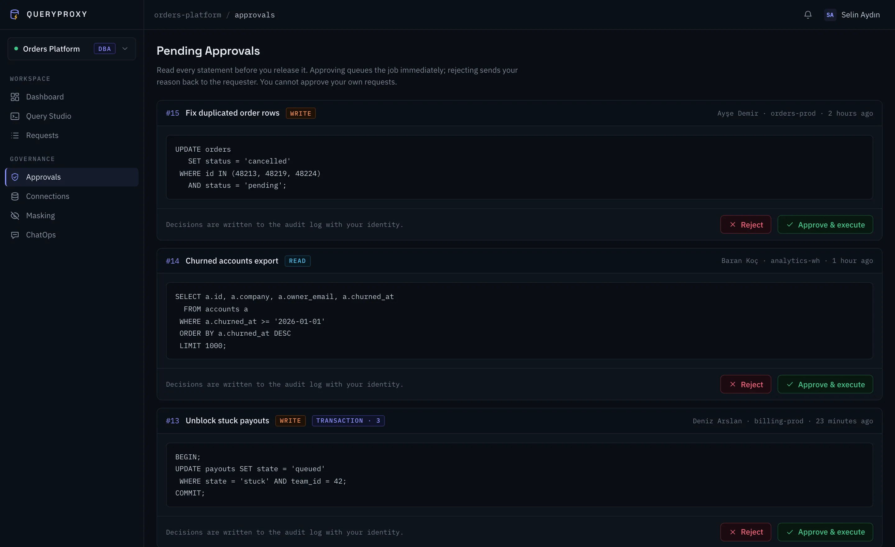The QueryProxy approvals queue: pending requests listed with their requester, connection, database engine and SQL, each row carrying approve and reject actions.