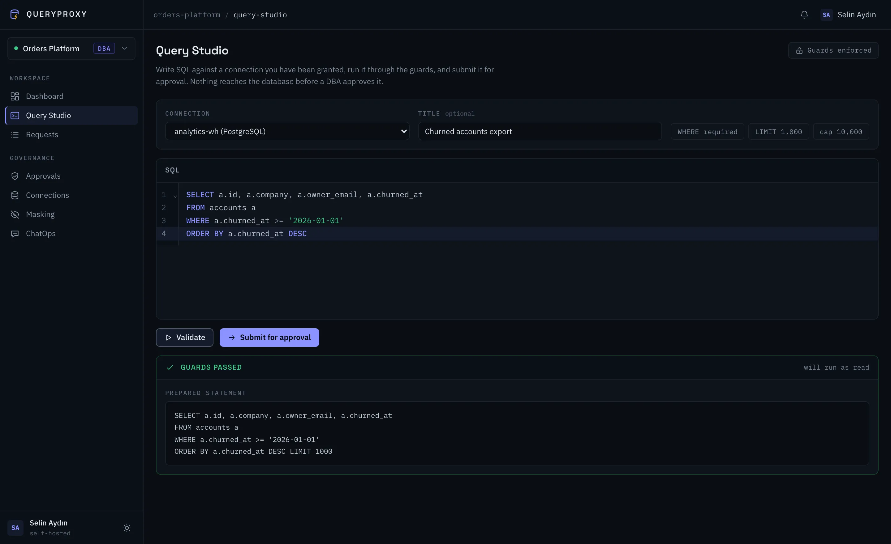 The QueryProxy Query Studio: a connection picker beside a SQL editor with syntax highlighting, showing the guard feedback a developer sees before submitting.